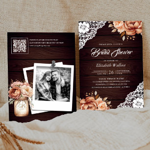 Terrakotta-Holz-Blumen-Photo-QR-Code-Brautjunggese Einladung