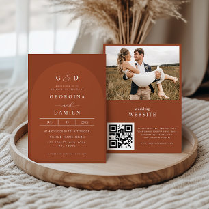 Terrakotta-Koriander-Boho-Photo-QR-Code-Hochzeit Einladung