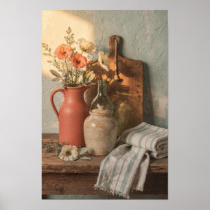 Terrakotta-Krug mit Mohn und Leinen Poster