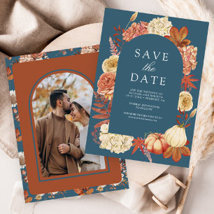 Terrakotta-Kürbis-Blumen-Staubblau-Hochzeit Save The Date