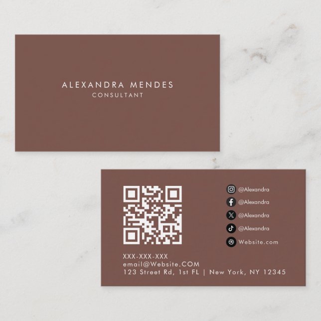 Terrakotta Luxus Minimalist QR-Code Professional Visitenkarte (Vorne/Hinten)