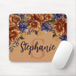 Terrakotta Marineblau Aquarell Blumenmonogramm  Mousepad