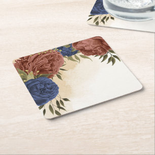 Terrakotta Marineblau Blumen Grün Rechteckiger Pappuntersetzer