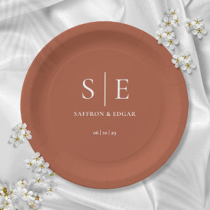Terrakotta Minimalist Chic Monogramm Hochzeit Pappteller