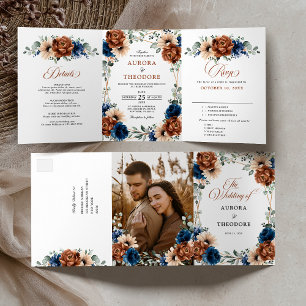 Terrakotta-Navy-Blau-Grün-Geometrische Hochzeit Dreifach Gefaltete Ankündigung
