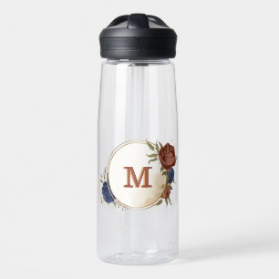 Terrakotta-Navyblau-Blumen-Grün-Monogramm Trinkflasche