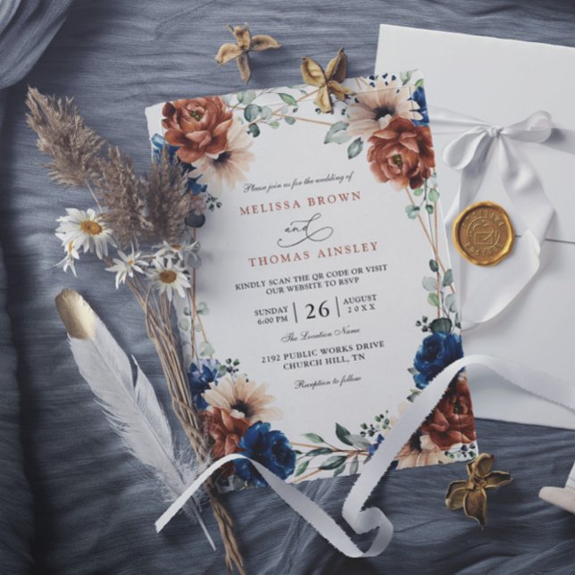 Terrakotta-Navyblau-Grün-Chic-QR-Code-Hochzeit Einladung (Von Creator hochgeladen)
