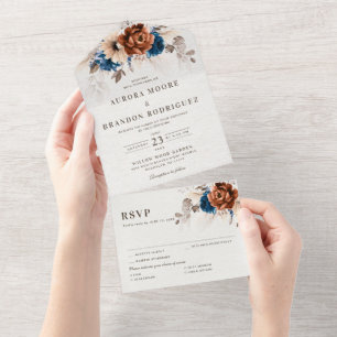 Terrakotta-Navyblau-Pampasgras-Rustikale-Hochzeit All In One Einladung