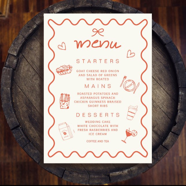 Terrakotta Orange Coquette Bow Spanisches Menü Einladung (Terracotta Orange Coquette Bow Spanish Menu Invitation#zazzlemade#zazzlefinds #minimalism #drawnmenu)