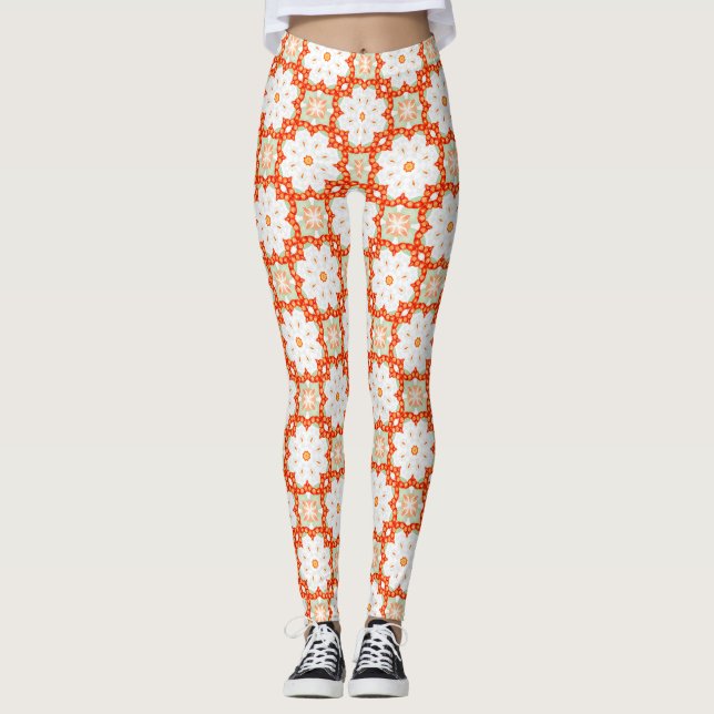 Terrakotta Orange & Salbeigrün Geometrisch Blumig  Leggings (Vorderseite)