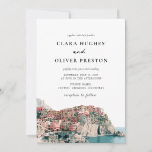 Terrakotta-Ozeanblau-Serif-Cinque-Terre-Hochzeit Einladung