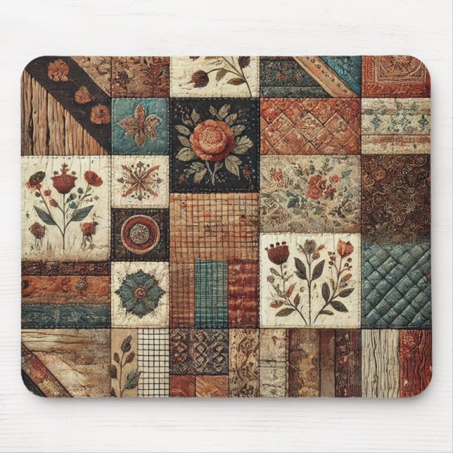 Terrakotta-Patchwork-Quilt-Rüstikale Blumen-Schrei Mousepad (Vorne)