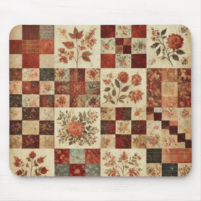 Terrakotta-Patchwork-Quilt-Rüstikale Blumen-Schrei Mousepad (Vorne)