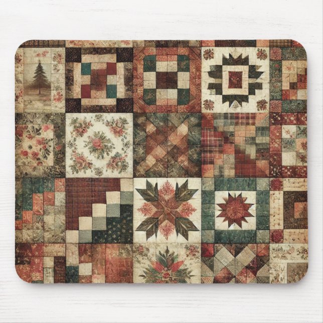 Terrakotta-Patchwork-Quilt-Rüstikale Blumen-Schrei Mousepad (Vorne)
