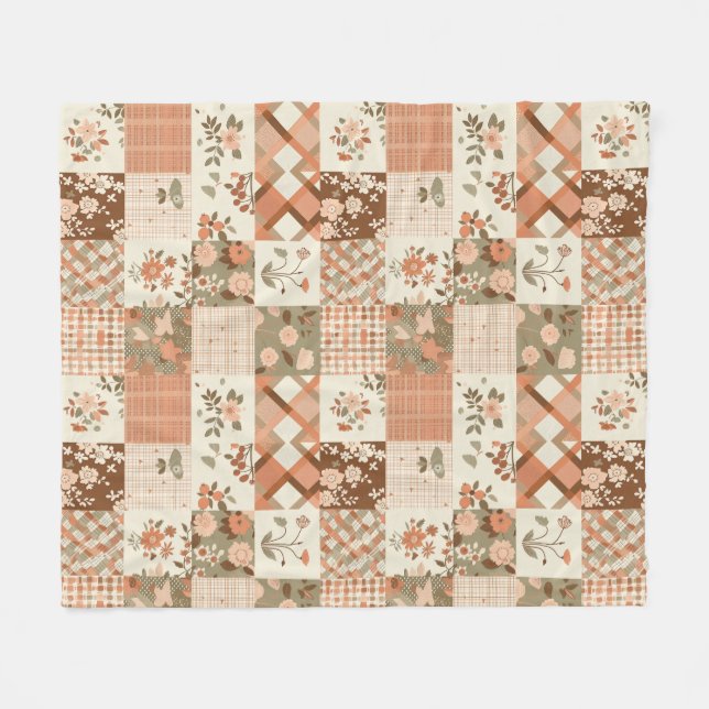 Terrakotta-Pfirsich-Quilt-Patchwork-Gingham-Blumen Fleecedecke (Vorderseite (Horizontal))