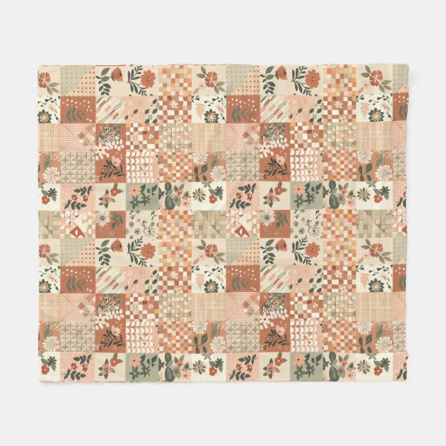 Terrakotta-Pfirsich-Quilt-Patchwork-Gingham-Blumen Fleecedecke (Vorderseite (Horizontal))