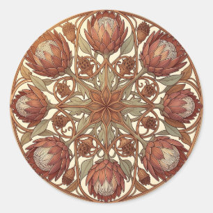 Terrakotta-Protea-Art-Nouveau-Blumenmedaillon Runder Aufkleber