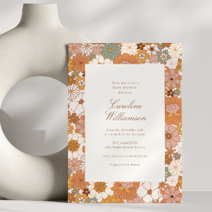 Terrakotta Retro Herbst Blumen Moderne Babyparty Einladung