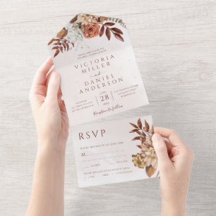 Terrakotta-Rost-Blumen-Boho-Herbsthochzeit All In One Einladung