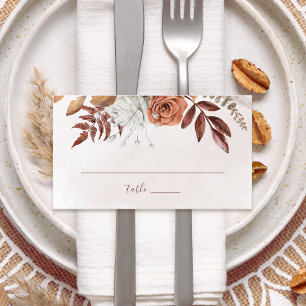 Terrakotta-Rost-Blumen Boho-Herbstlaub-Hochzeit Platzkarte