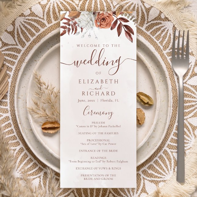 Terrakotta-Rost-Blumen Boho-Herbstlaub-Hochzeit Programm (Von Creator hochgeladen)