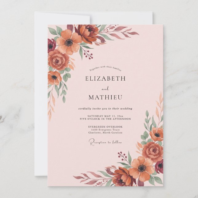 Terrakotta-Rust-Wildblumen-Hochzeit Einladung (Vorderseite)