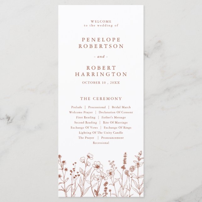 Terrakotta-Rustikal-Herbst-Wildblumen-Hochzeitspro Programm (Vorderseite)