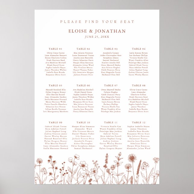 Terrakotta-Rustikale-Floral-Hochzeits-Sitzplan Poster (Vorne)