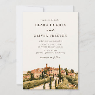 Terrakotta-Sage-Script-Toscana-Hügeldorf-Hochzeit Einladung