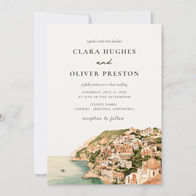 Terrakotta-Salbei-Script-Positano-Küstenhochzeit  Einladung (Vorderseite)