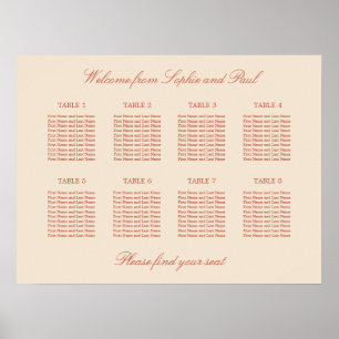 Terrakotta-Schrift 8 Tisch-Hochzeits-Sitzplan-Plak Poster