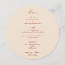 Terrakotta Schrift runde Hochzeitsmenü Menükarte