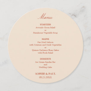 Terrakotta Schrift runde Hochzeitsmenü Menükarte