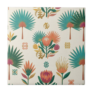 Terrakotta-Teal-Protea- und Fächerpalmen-Keramikfl Fliese