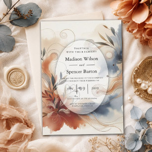 Terrakotta-Twilight- und Navy-Blüten-Hochzeit Einladung