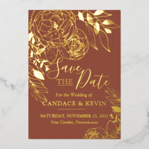 Terrakotta und Gold Moderne Blumen Save the Date Folieneinladung