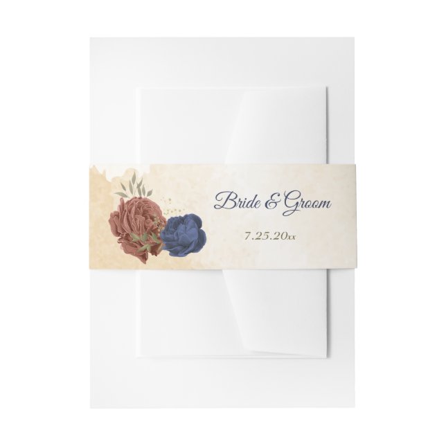 Terrakotta- und Marineblumen Hochzeit Einladungsbanderole (Vorderseite Beispiel)