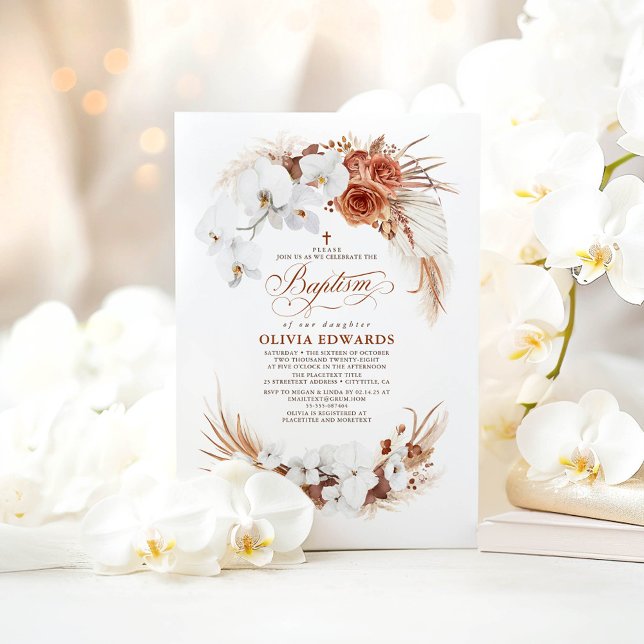 Terrakotta und weiße Blume Boho Chic Taufe Einladung (White Orchids Terracotta Baptism Invitations)