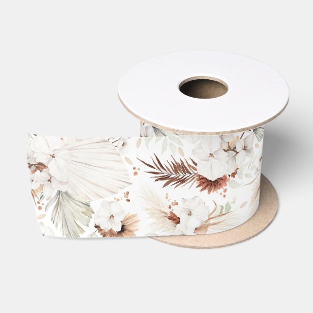 Terrakotta und weiße Blume Botanischer Boho Chic Satinband (Spule)