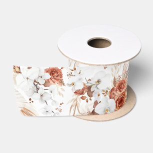 Terrakotta und weiße Blumen Botanischer Boho Chic Satinband