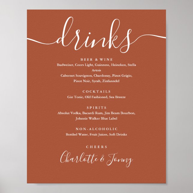 Terrakotta-Unterschrift-Script-Drinks-Menü-Schild Poster (Vorne)