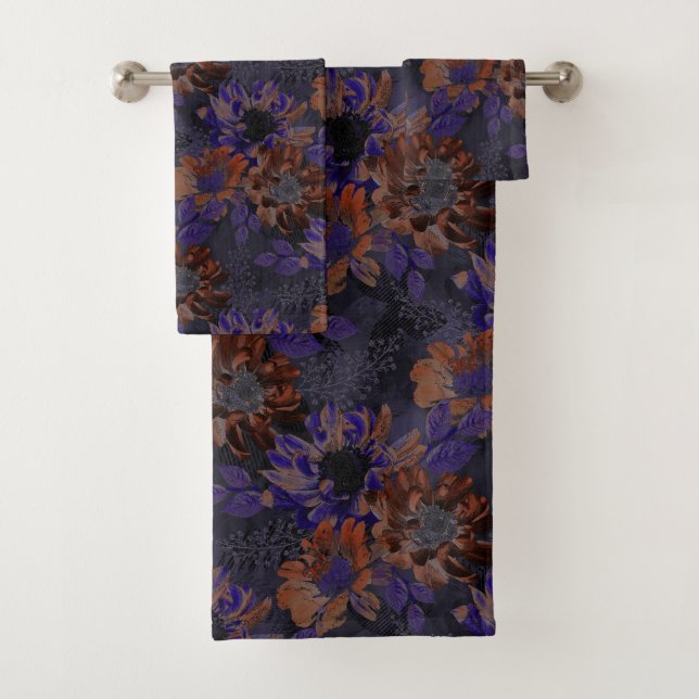 Terrakotta, violette Blumen auf samtig grau Badhandtuch Set (Insitu)