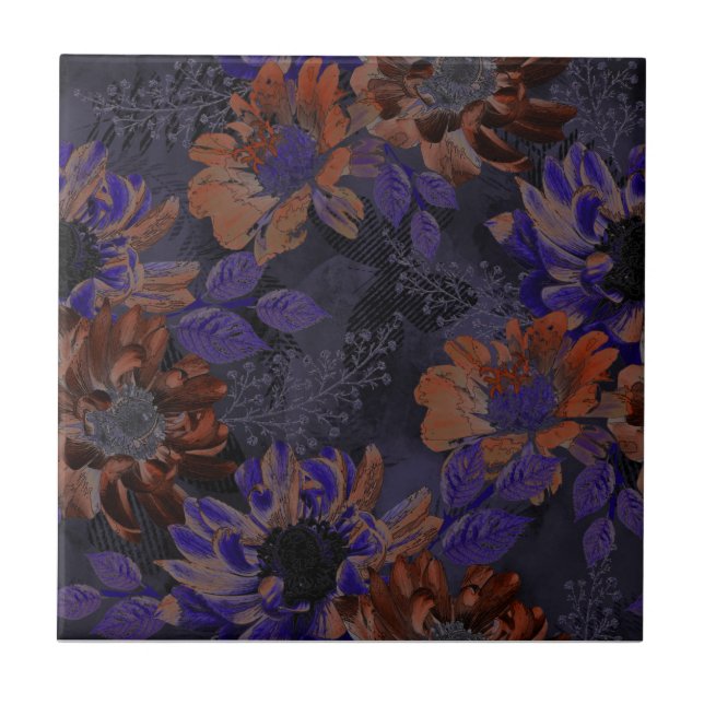 Terrakotta, violette Blumen auf samtig grau Fliese (Vorderseite)