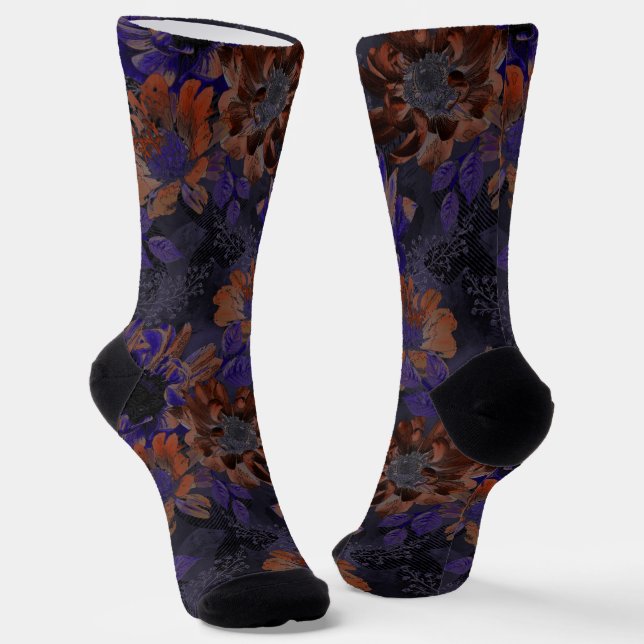 Terrakotta, violette Blumen auf samtig grau Socken (Gewinkelt)