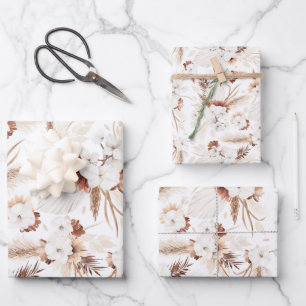 Terrakotta Weiße und Elfenbein Blumen Boho Botanis Geschenkpapier Set