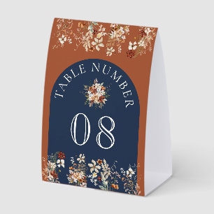 Terrakotta Wildblume Navy Hochzeit Tischnummer Tischaufsteller