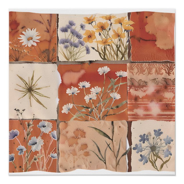 Terrakotta-Wildblumen-Patchwork-Rustikal-Boho-Früh Poster (Vorderseite)