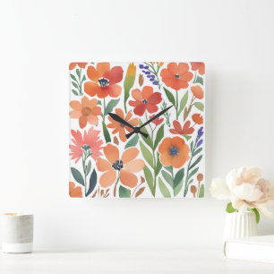 Terrakotta-Wildblumen-Rustikale-Boho-Wanddekoratio Quadratische Wanduhr