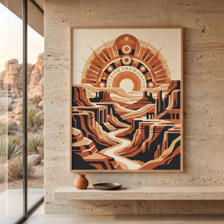 Terrakotta-Wüsten-Canyon-Retro-Sonnenstrahl-Landsc Poster