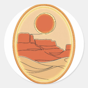 Terrakotta-Wüstensonne — Minimalistische Line-Art Runder Aufkleber